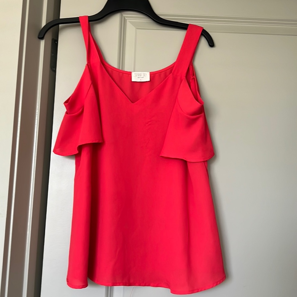 Red top with off the shoulder sleeves